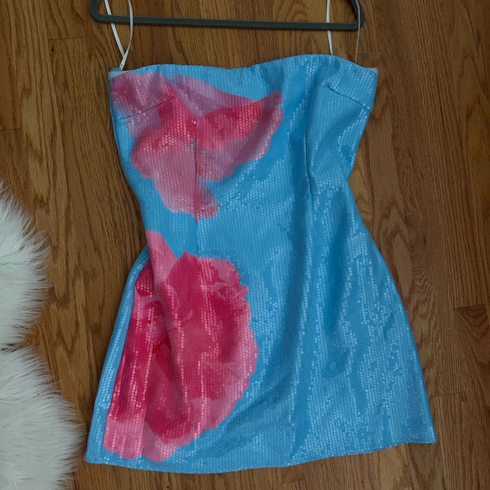 Brand New - White Fox blue sequin dress with pink flower design!